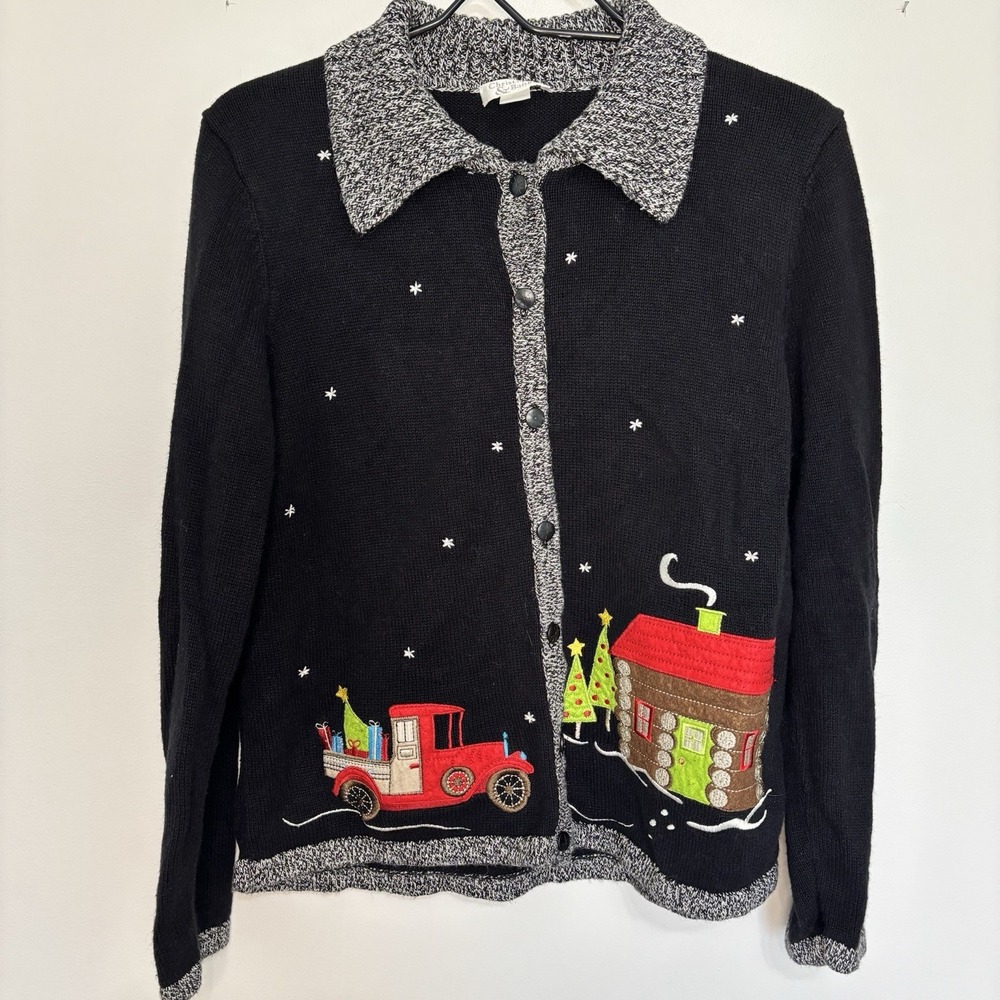 Vintage Button Up Collared Christmas Sweater Womens M Holidays Cozy Art to Wear